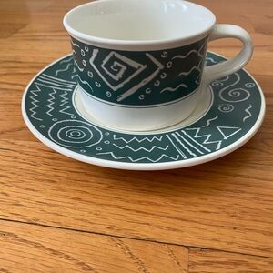 Set of 4 —Mikasa Veracruz Green/ Cream Geometric Flat Cup And Saucer